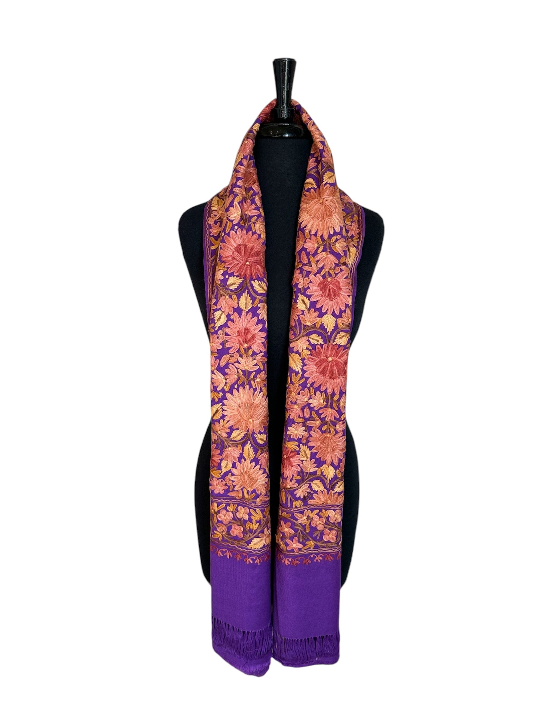 Kashmiri Aari woolen stole - Purple floral pattern image 1