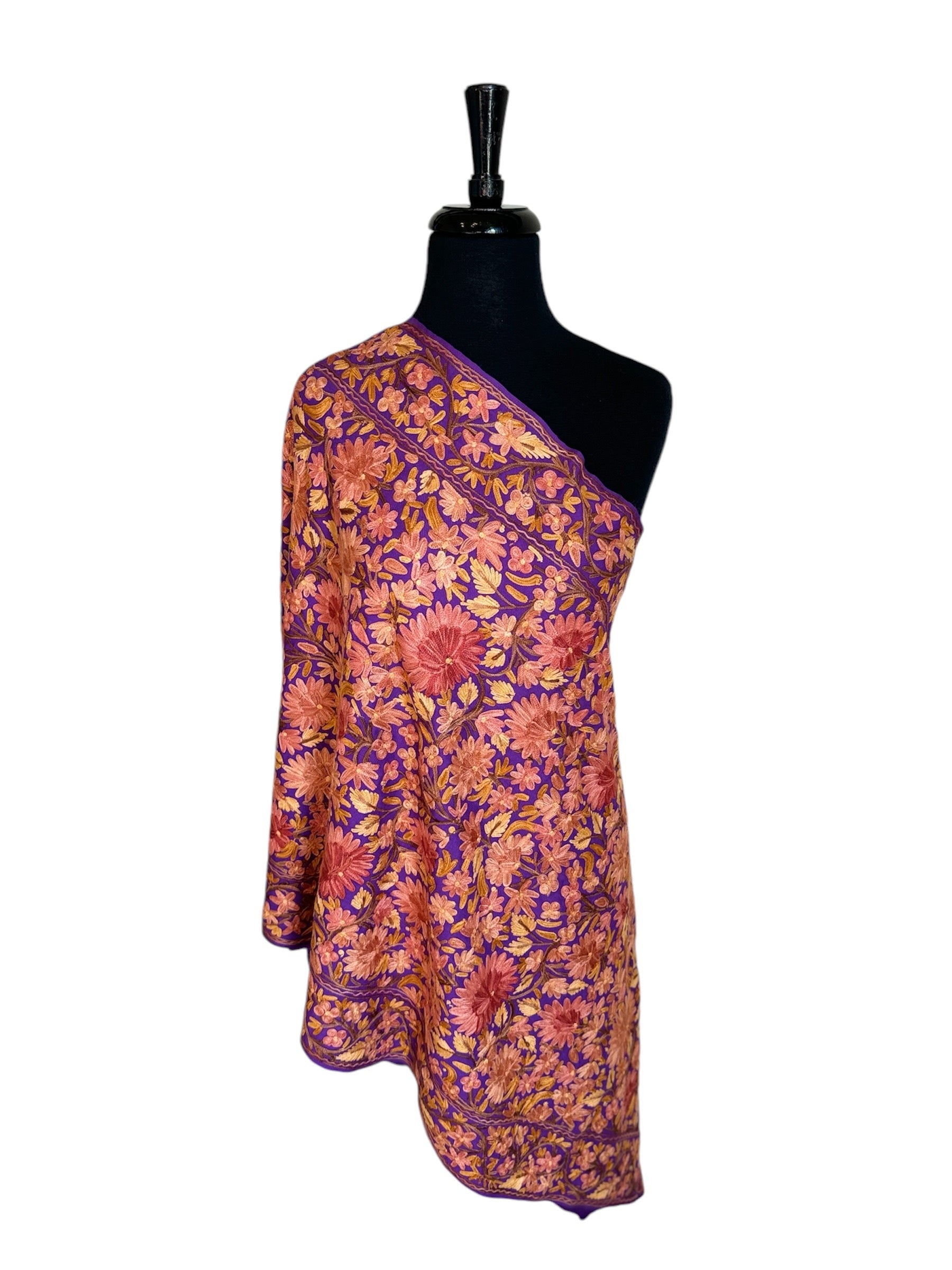 Kashmiri Aari woolen stole - Purple floral pattern image 0